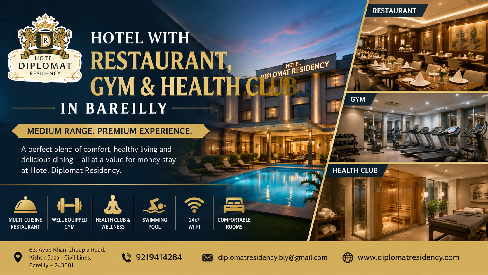 Hotel with Restaurant, Gym and Health Club in Bareilly | Hotel Diplomat Residency