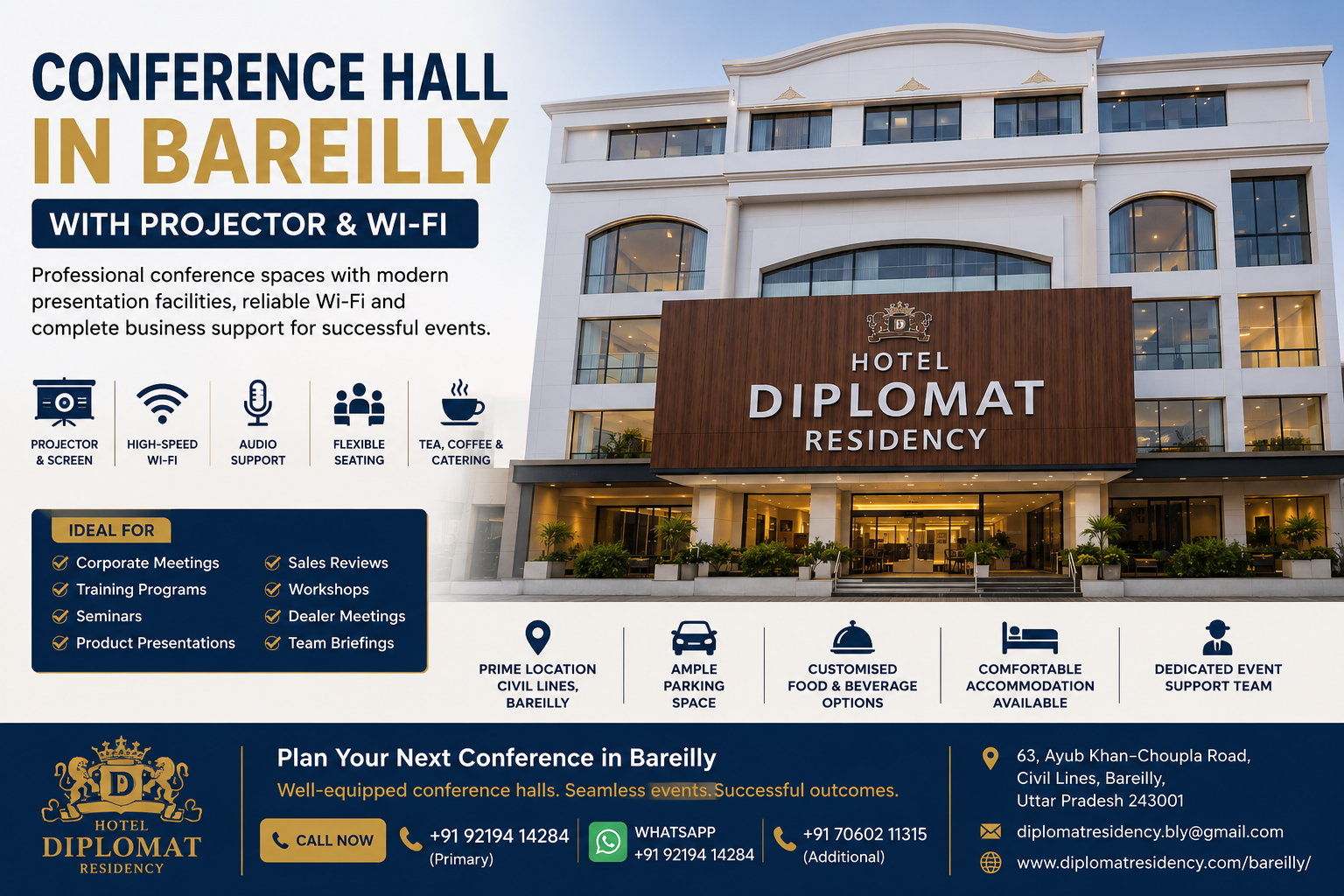 Conference Hall in Bareilly with Projector & Wi-Fi | Hotel Diplomat Residency